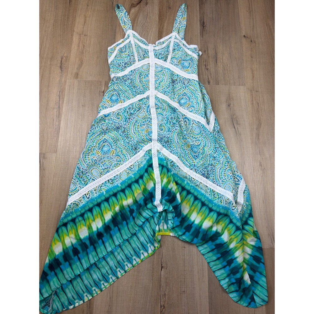Green Dragon Paisley Tie Dye Sharkbite Hem Lace Trim Midi Dress Blue Green Large